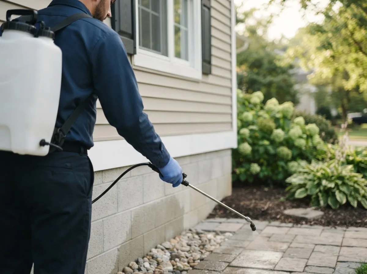 Pest control technician inspecting a home in Oakland Mills, PA